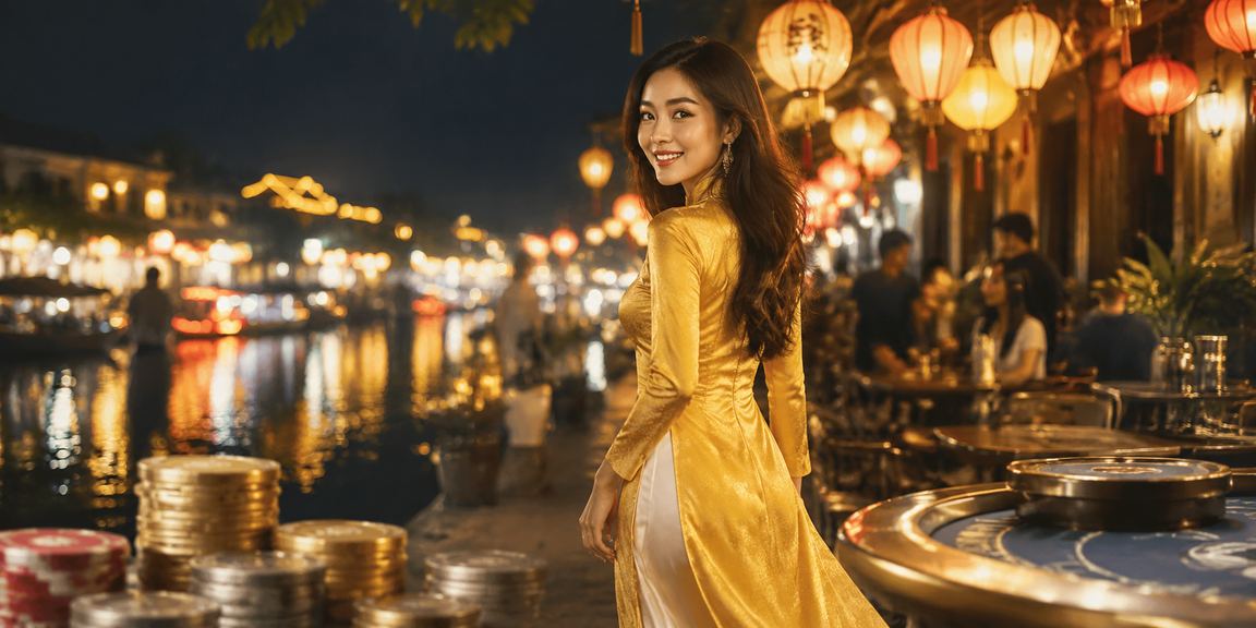 Người phụ nữ mặc áo dài đặt cược thể thao tại Hội An với thiết bị di động