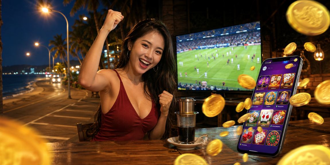 Người dùng sử dụng casino di động tại quán cà phê Mũi Né bên bờ biển